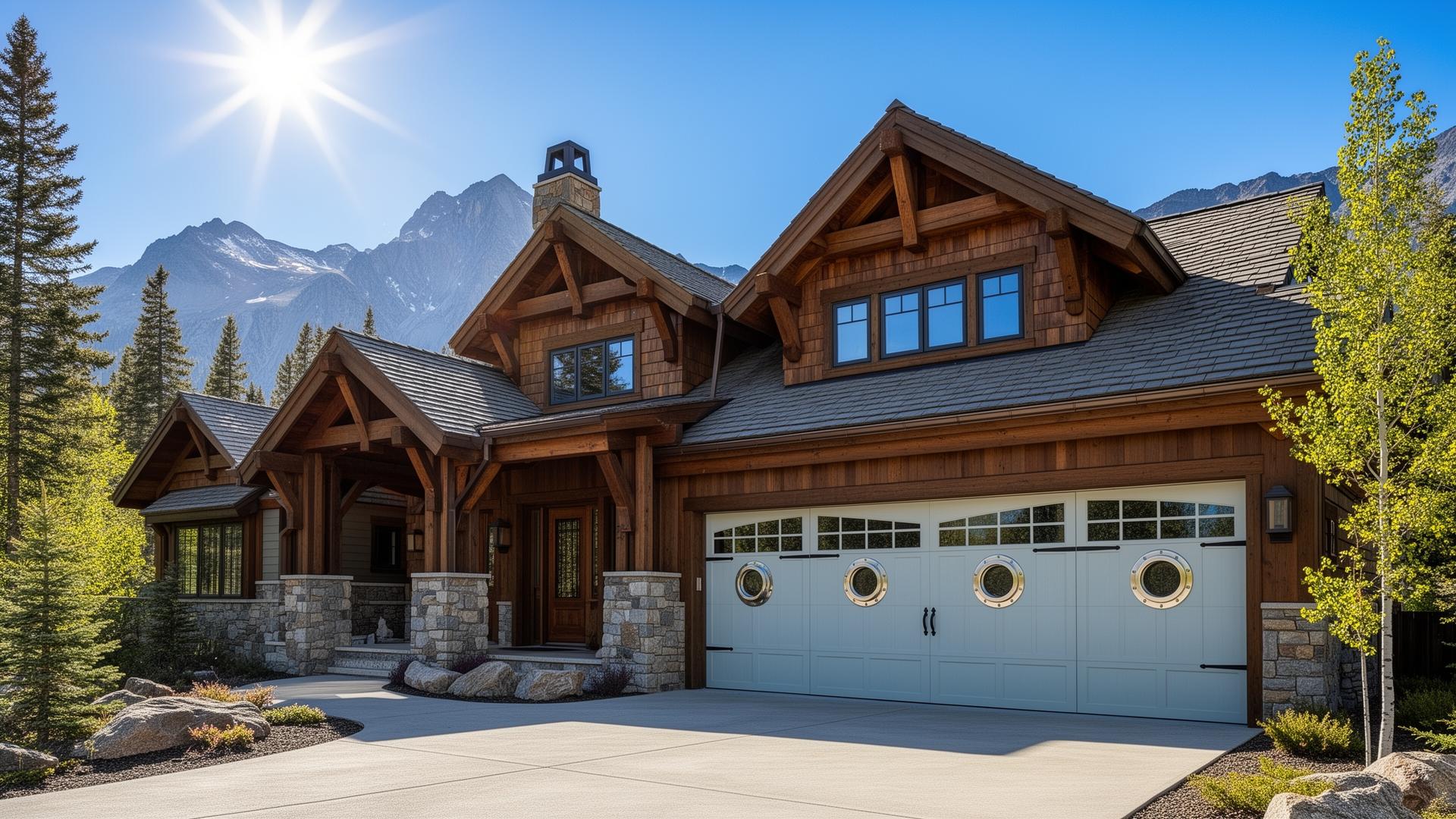 Beautiful mountain lodge home with coastal style garage doors featuring porthole windows - professional garage door installation by Sun City Center Garage Doors